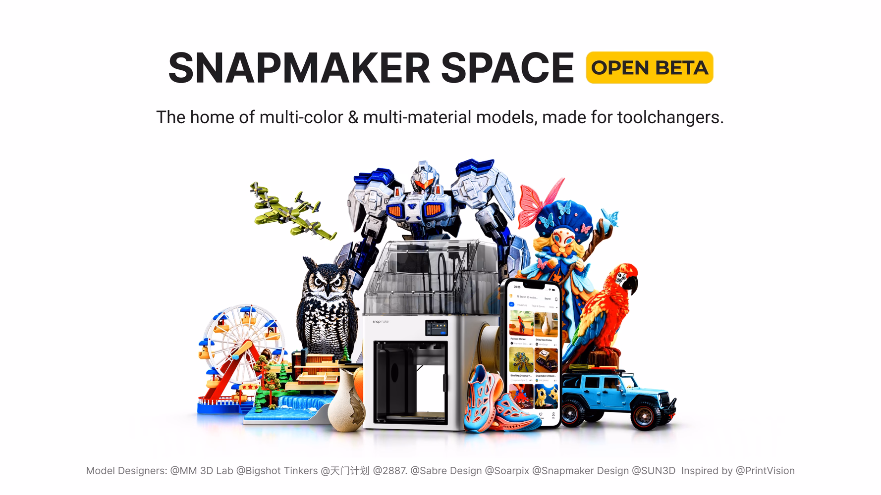 Snapmaker Space homepage showing featured multi-color 3D models with Snapmaker U1 print profiles
