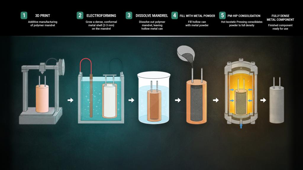 Illustration of a five-step process combining 3D printing, electroforming and hot isostatic pressing