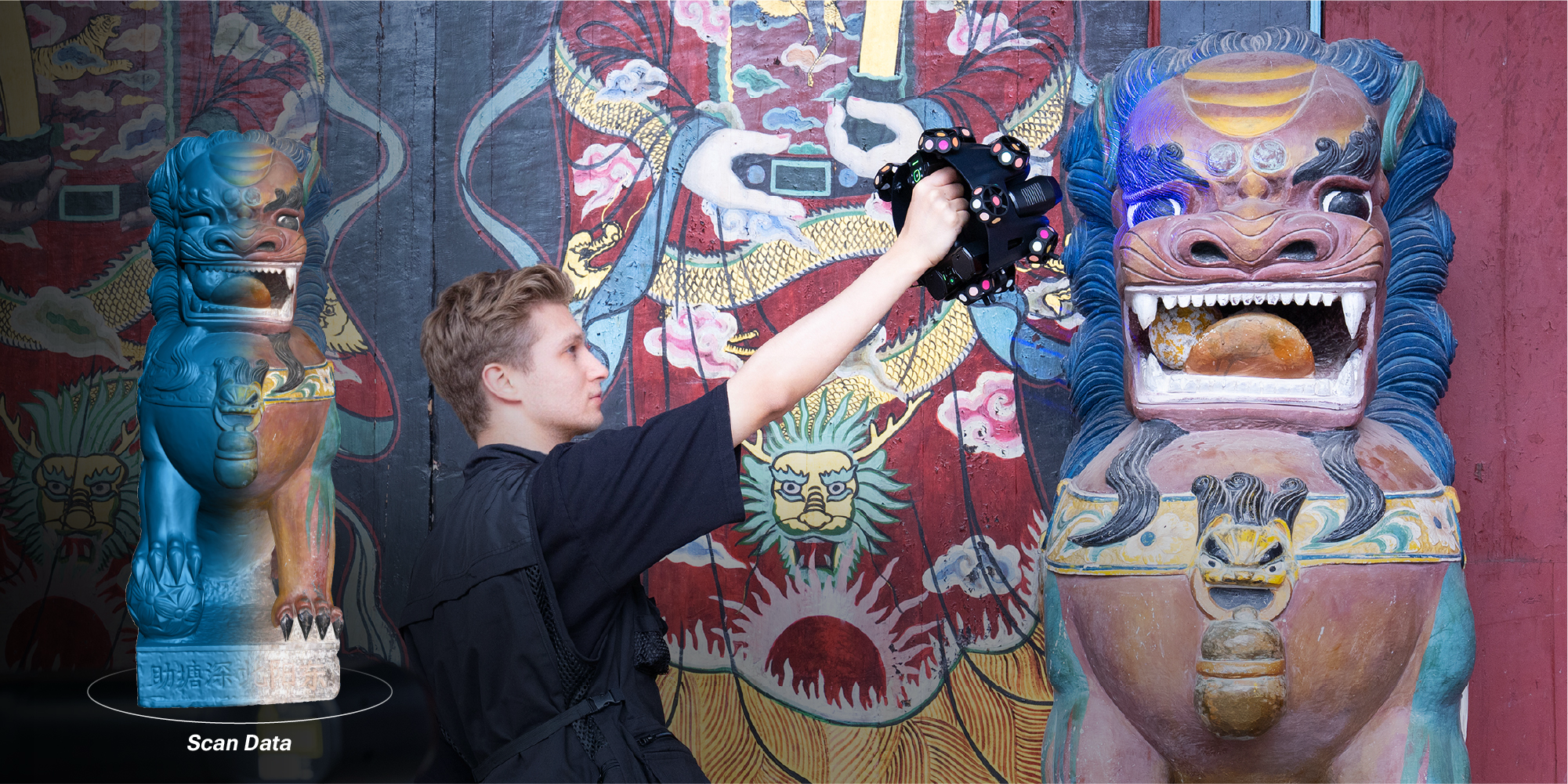 Painted heritage stone lion sculpture being captured in full color texture with the EinScan Trak