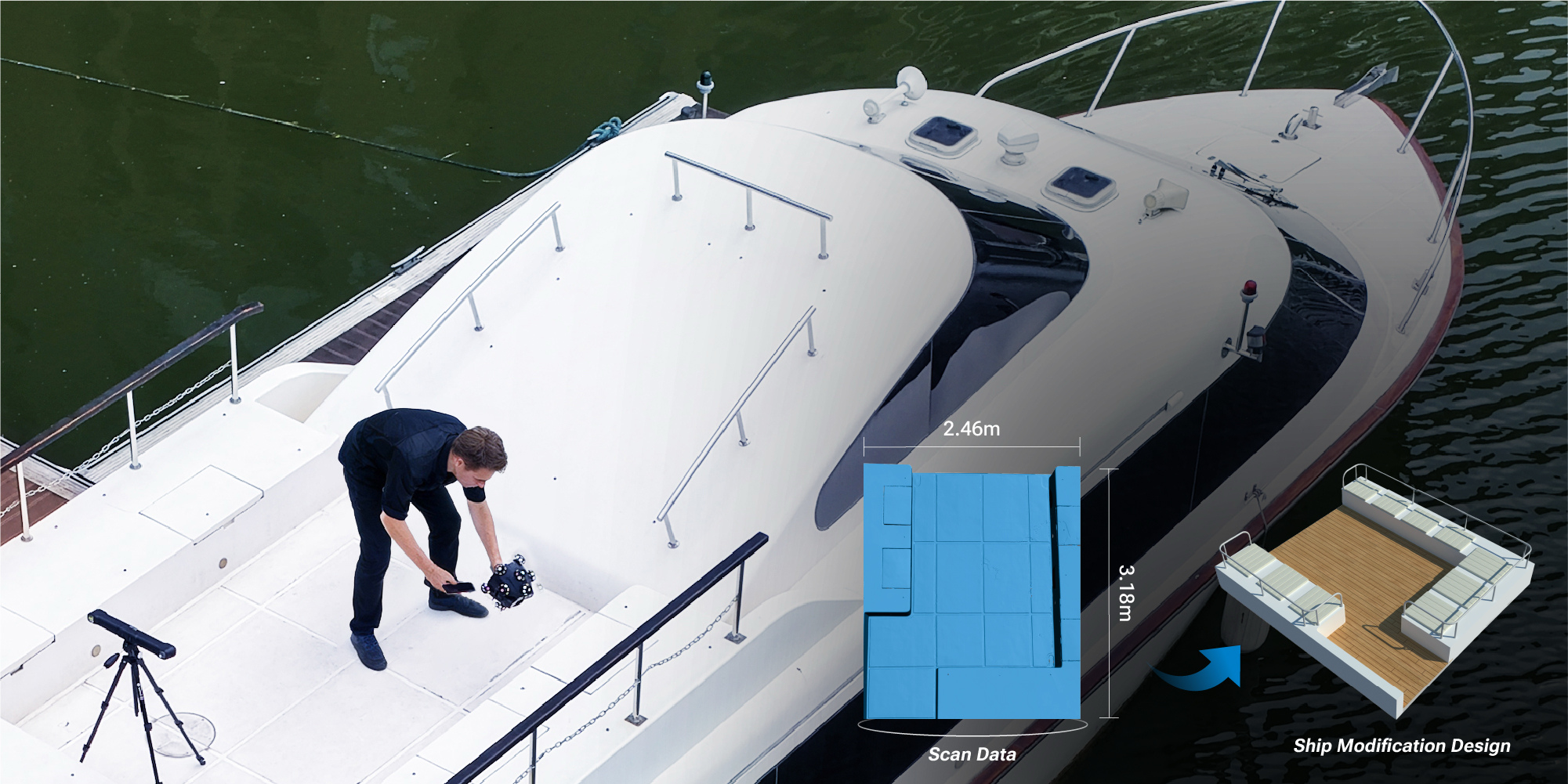 Technician scanning a yacht deck with the EinScan Trak to produce scan data for a ship modification design