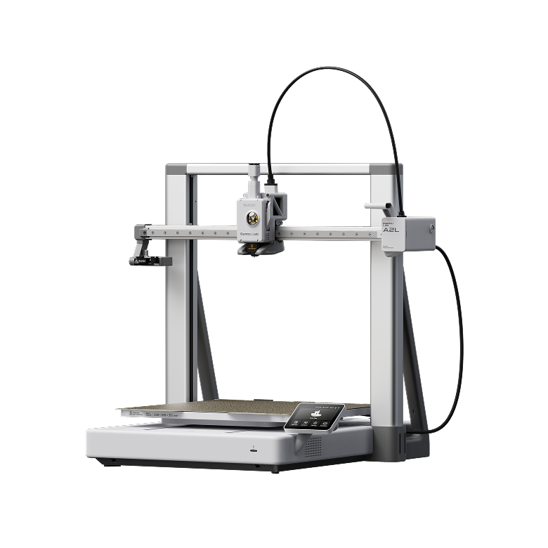Bambu Lab A2L open-frame bed slinger 3D printer, front three-quarter view