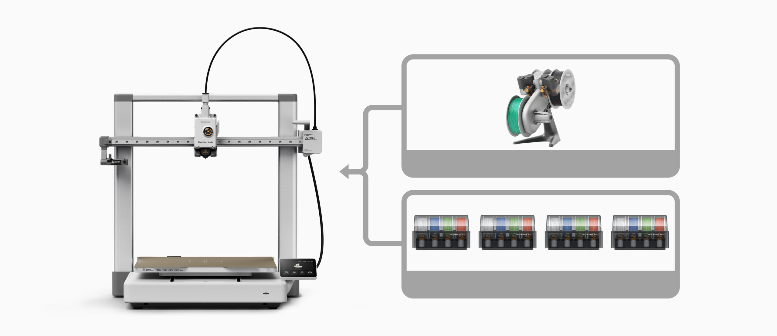 Bambu Lab A2L shown with the AMS lite and the box-type AMS units it supports