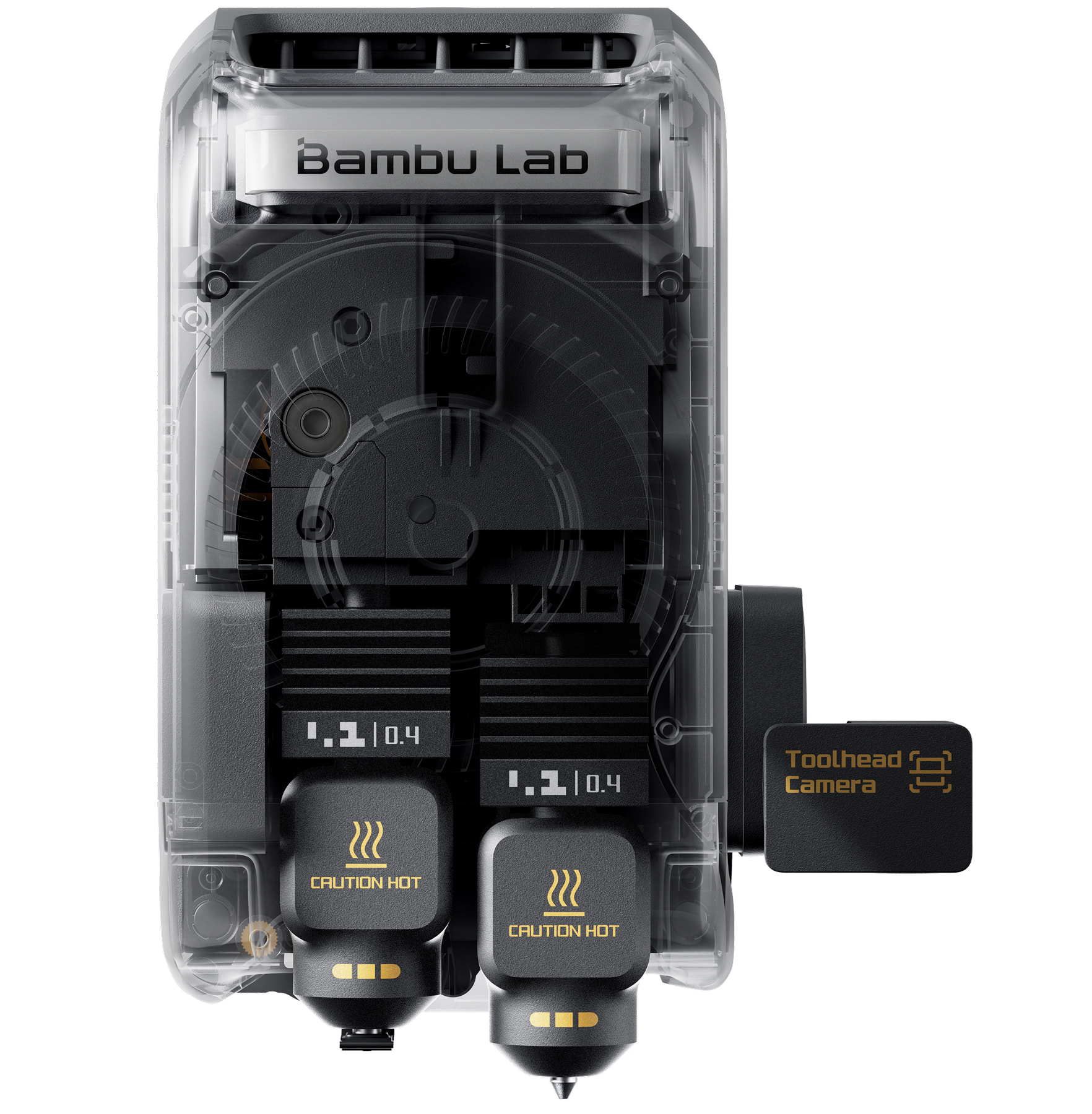 Bambu Lab X2D toolhead with main and auxiliary nozzles and toolhead camera