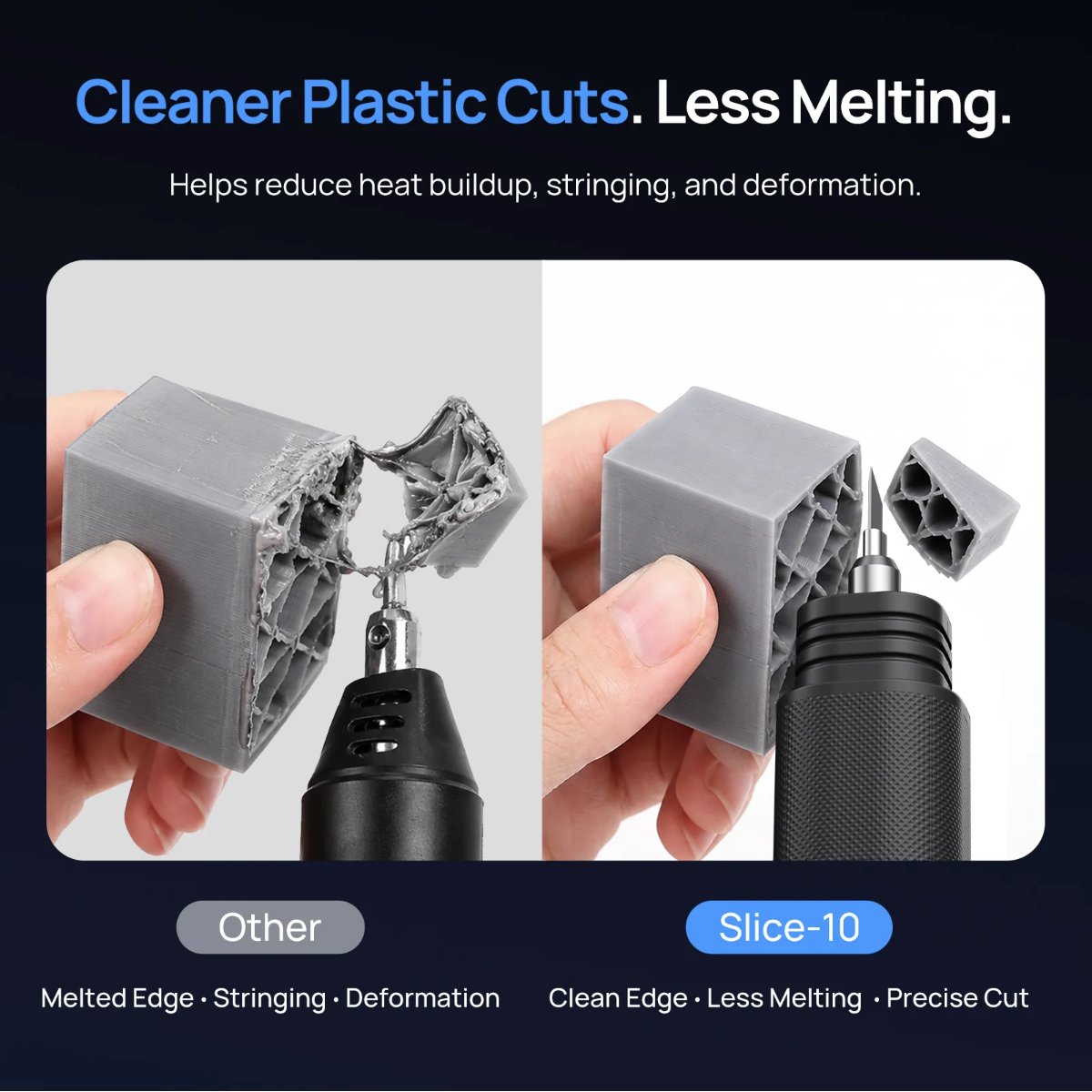 Side-by-side of a melted, stringy cut versus a clean Slice 10 cut on a 3D print