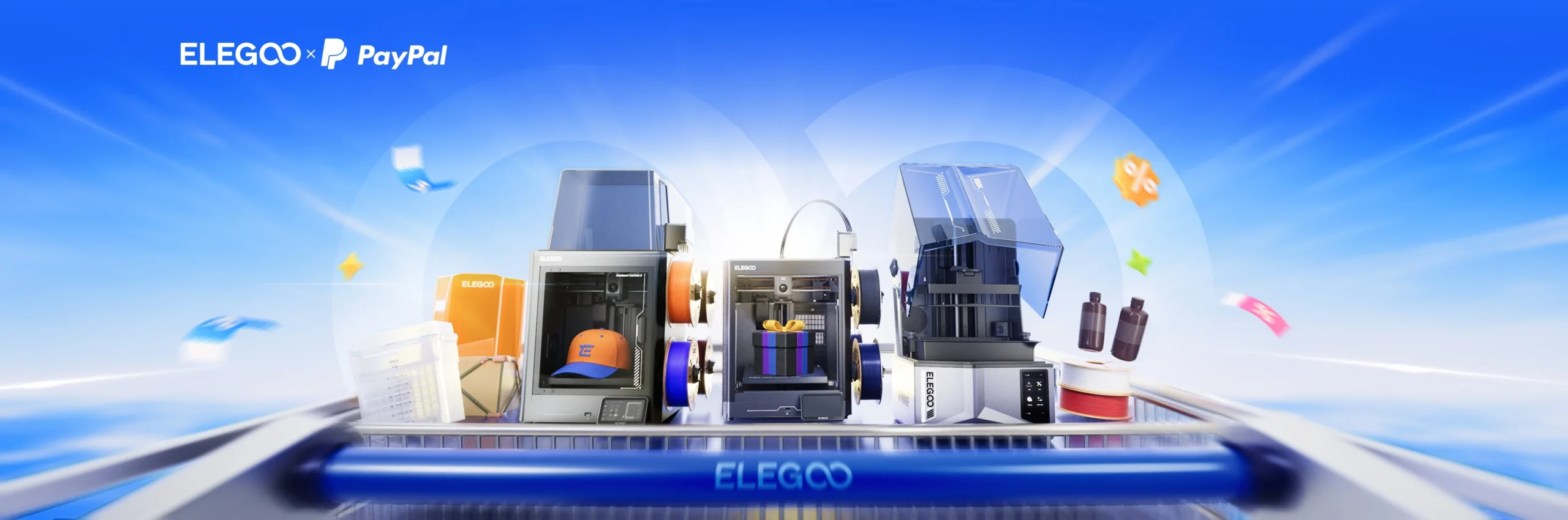 ELEGOO Day Sale 2026 banner advertising up to 54% off Elegoo 3D printers, resin and filament