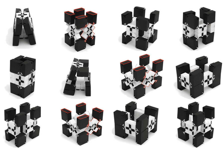 Grid of black and white 3D printed connector block configurations