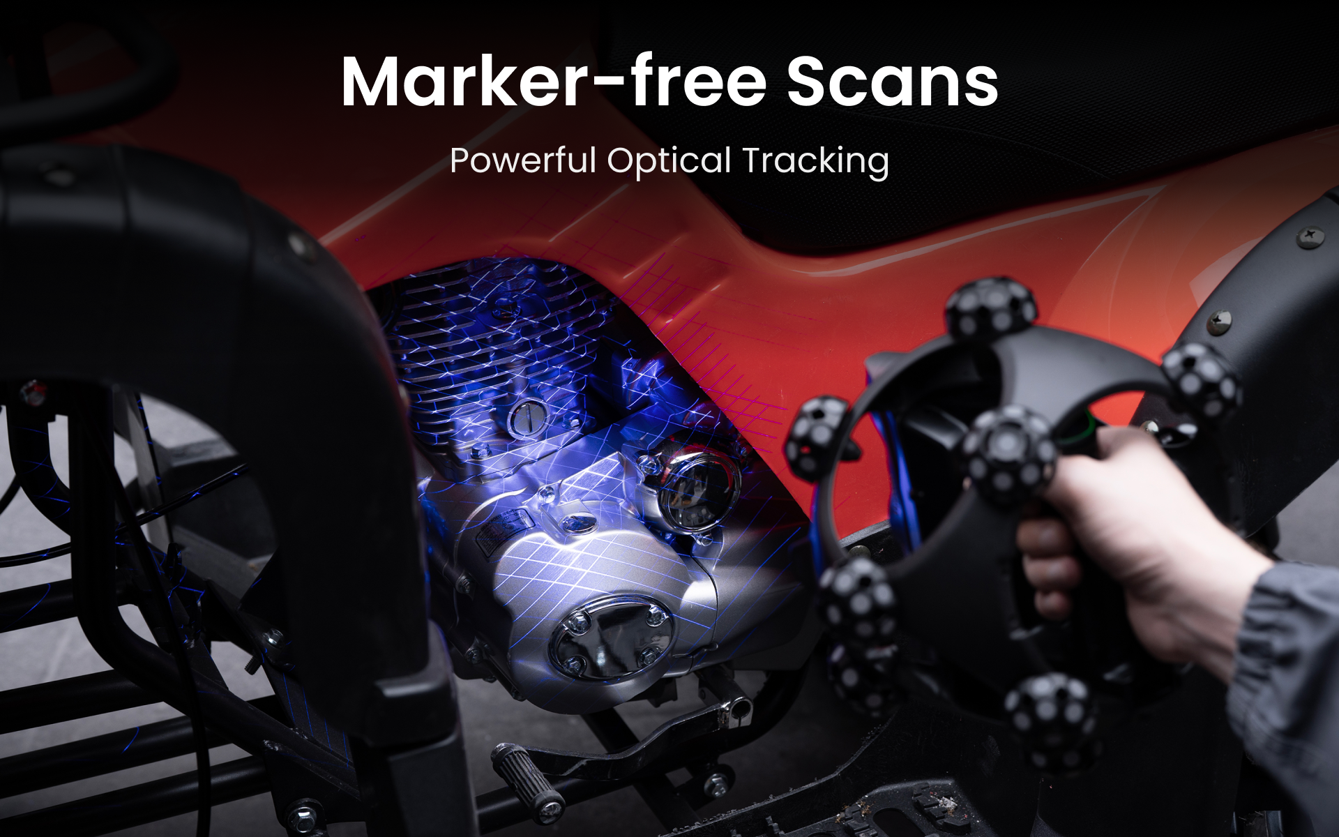 Trackit SR performing a marker-free scan on a metallic part