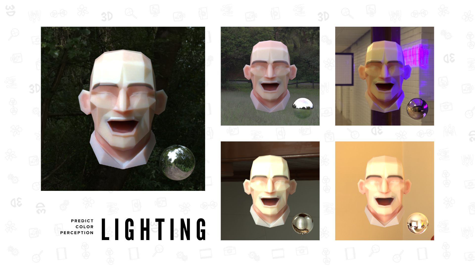 PrismSlicer previews of the same full-color 3D printed head rendered under five lighting environments, from a shaded forest to a purple-lit corridor