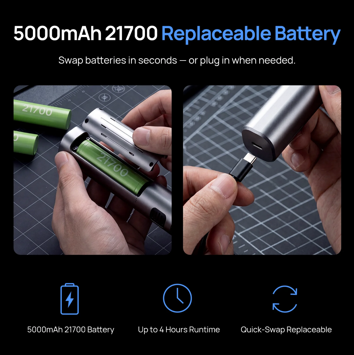 Slice 10 replaceable 5000mAh 21700 battery and runtime