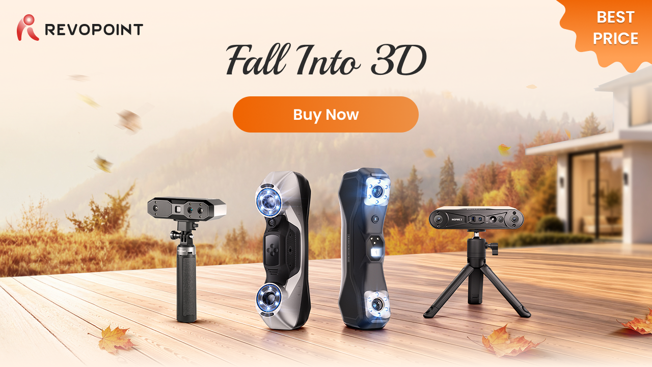 Revopoint Fall into 3D Sale 2026 banner showing five 3D scanners and discount code REVOFS3DP for an extra 2% off