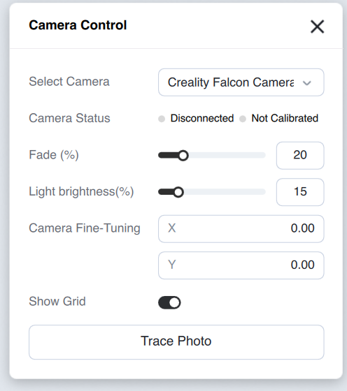 Falcon Design Space camera control panel showing the Creality Falcon Camera as Disconnected and Not Calibrated