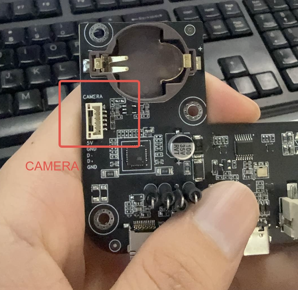 Creality's guide image of the Falcon A1C mainboard, showing the connectors to check when the camera reports Disconnected