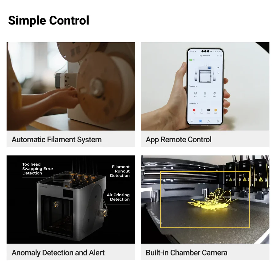 Snapmaker U1 chamber camera, AI detection, app control, and automatic filament system