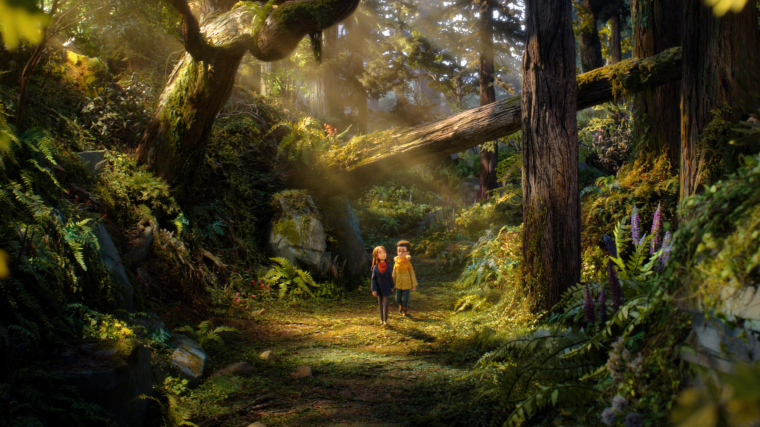 Two stop-motion puppet children walk along a sunlit forest path in a still from LAIKA's film Wildwood