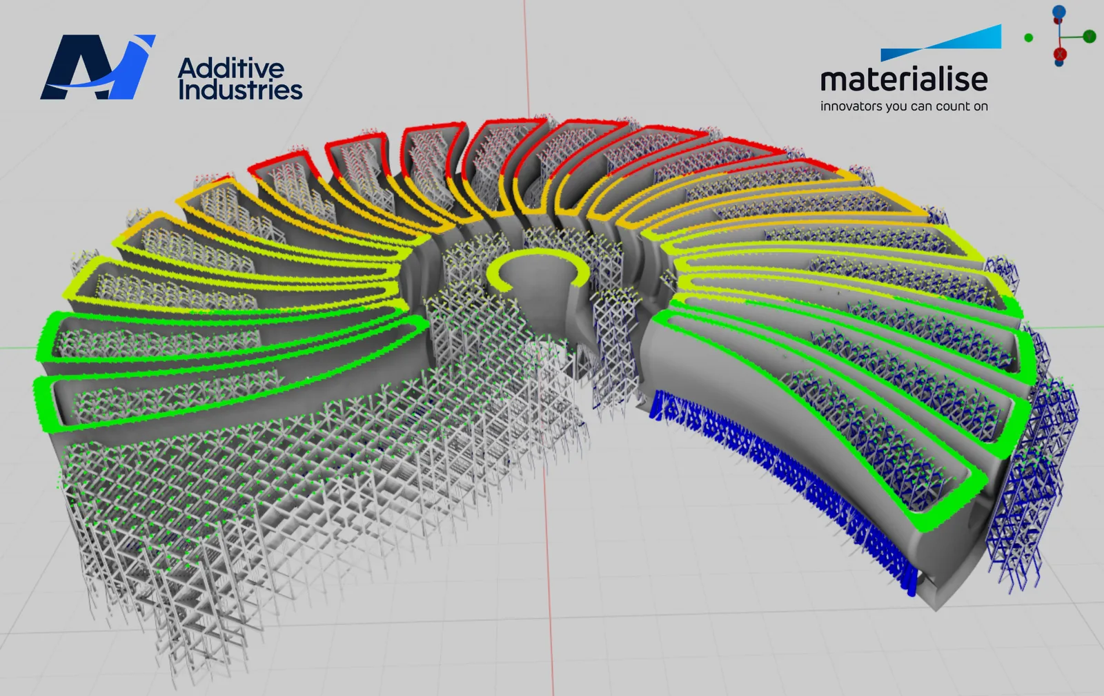 Build preparation view of a circular metal part with curved vanes on lattice supports, with scan vectors shown in green, yellow and red