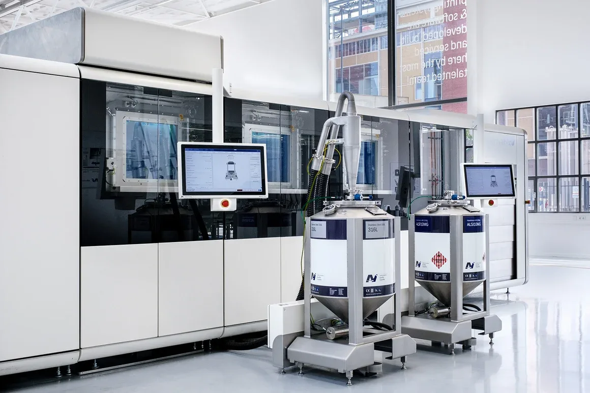 Row of MetalFab metal 3D printers with two powder containers on wheeled frames in front