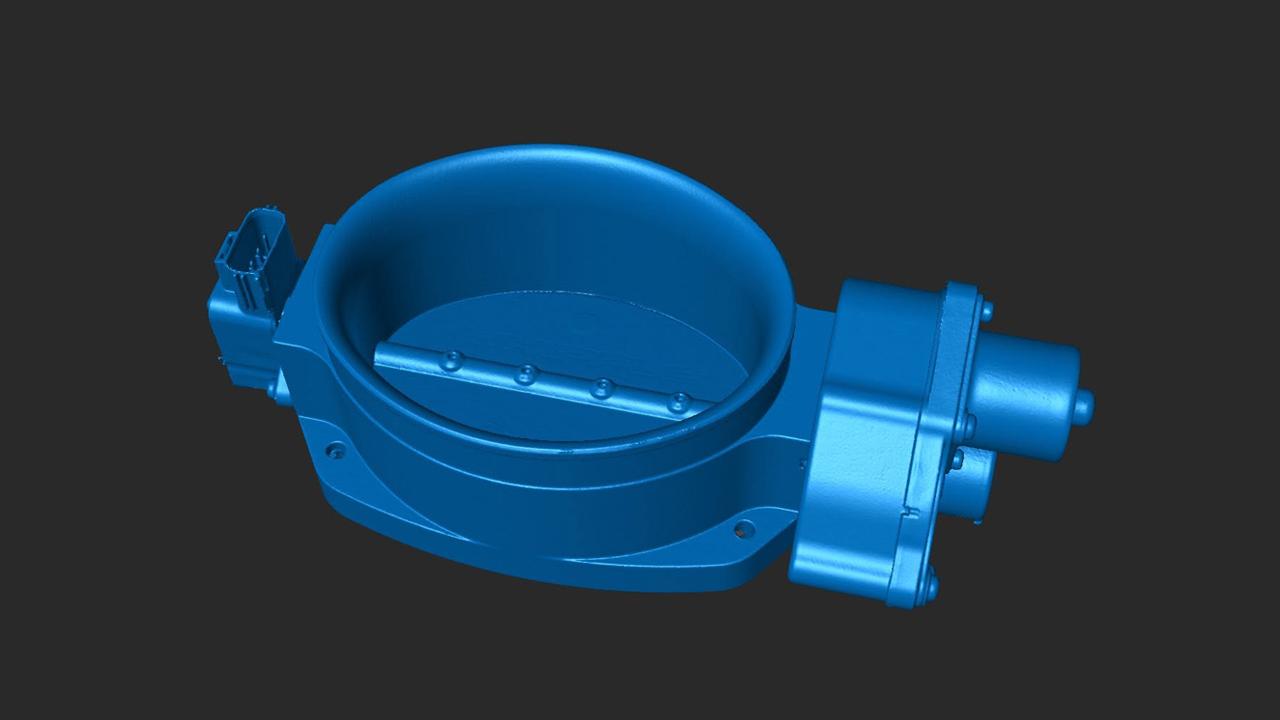 3D scan result of the black Whipple throttle body captured with the MetroY Ultra