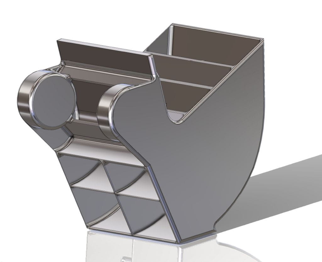 Computer model of a metal water scoop with a round boss and internal ribs