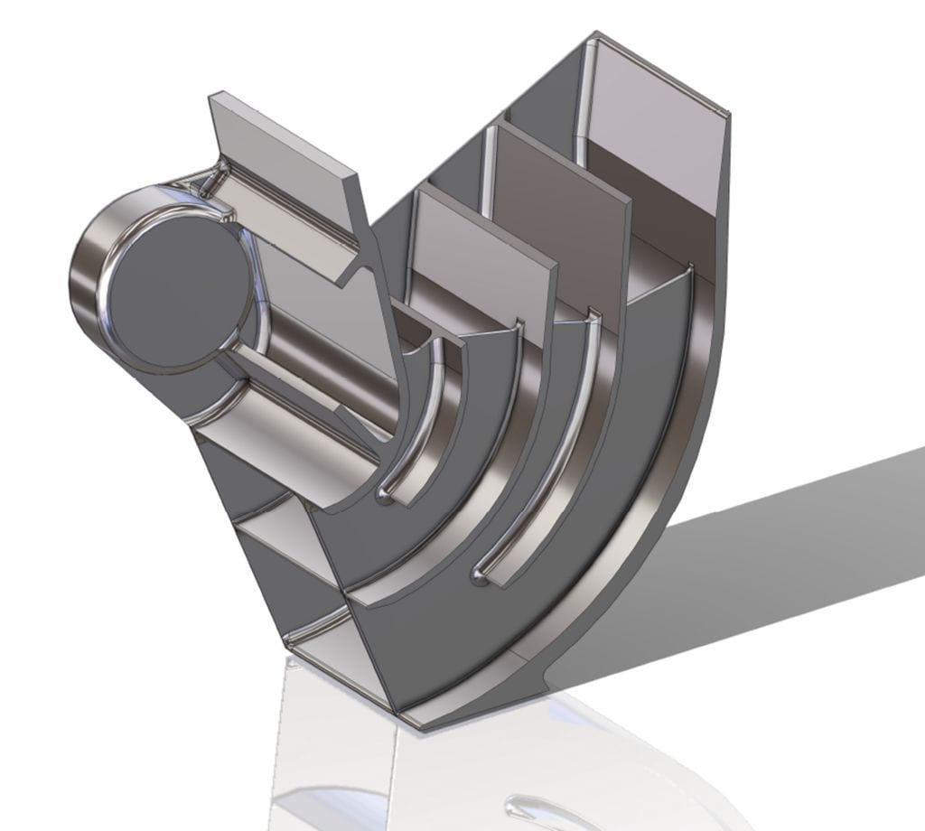 Section view of a scoop model with curved internal channels