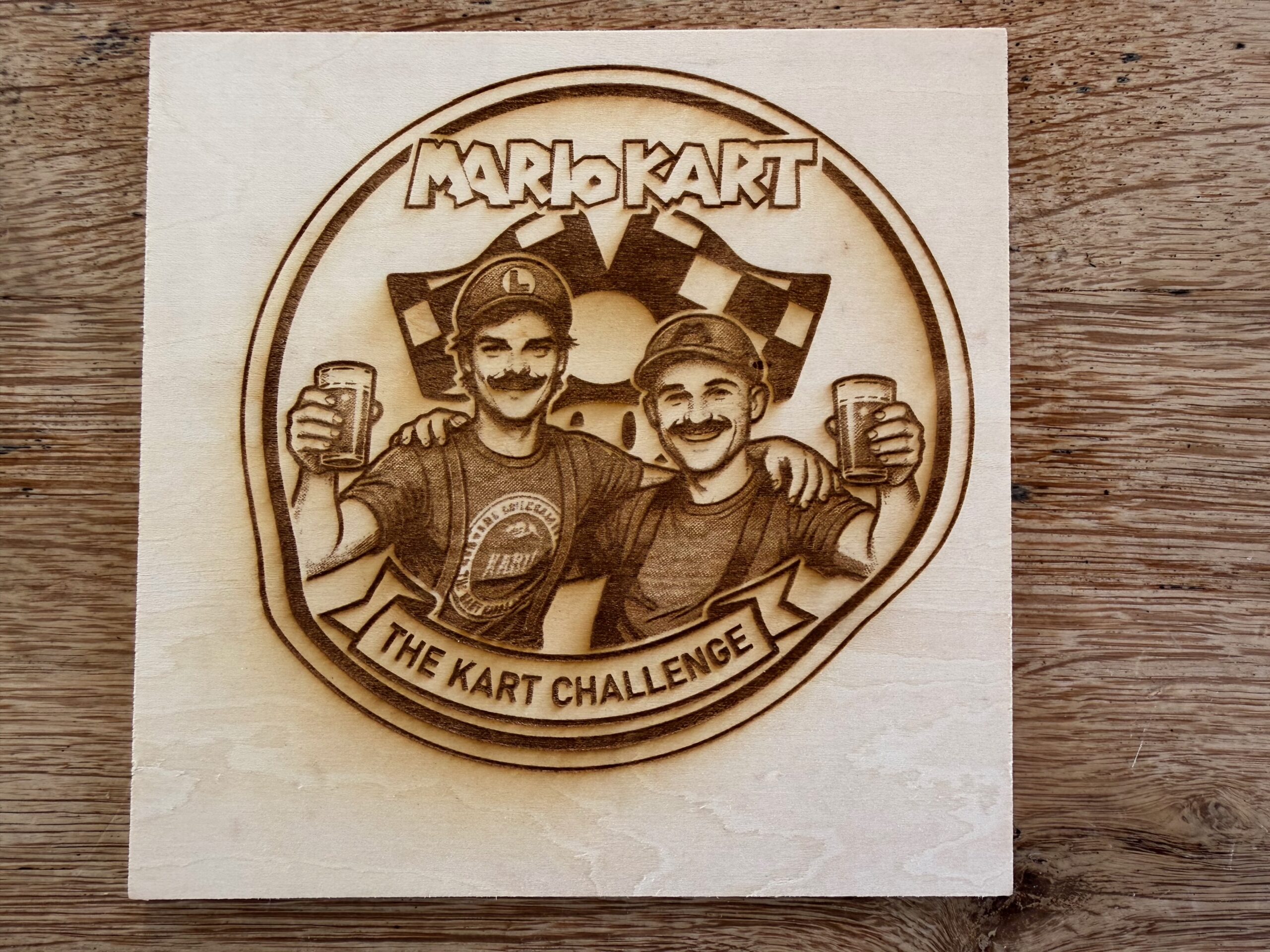 A photographic engraving on plywood of two people in costume holding drinks, with lettering above and below