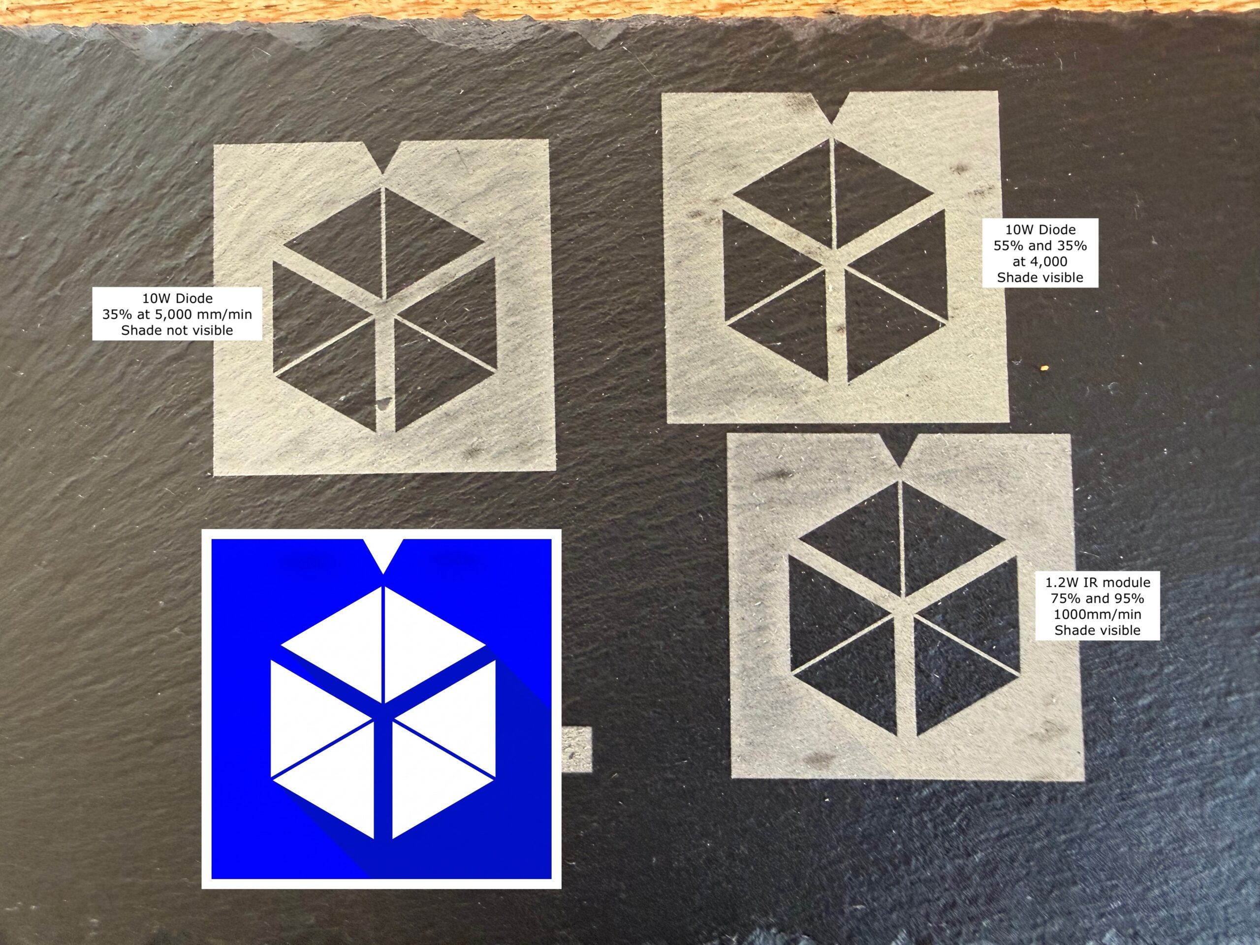 Three versions of the 3DPrinting.com logo engraved on black slate at different settings, with the original logo for comparison