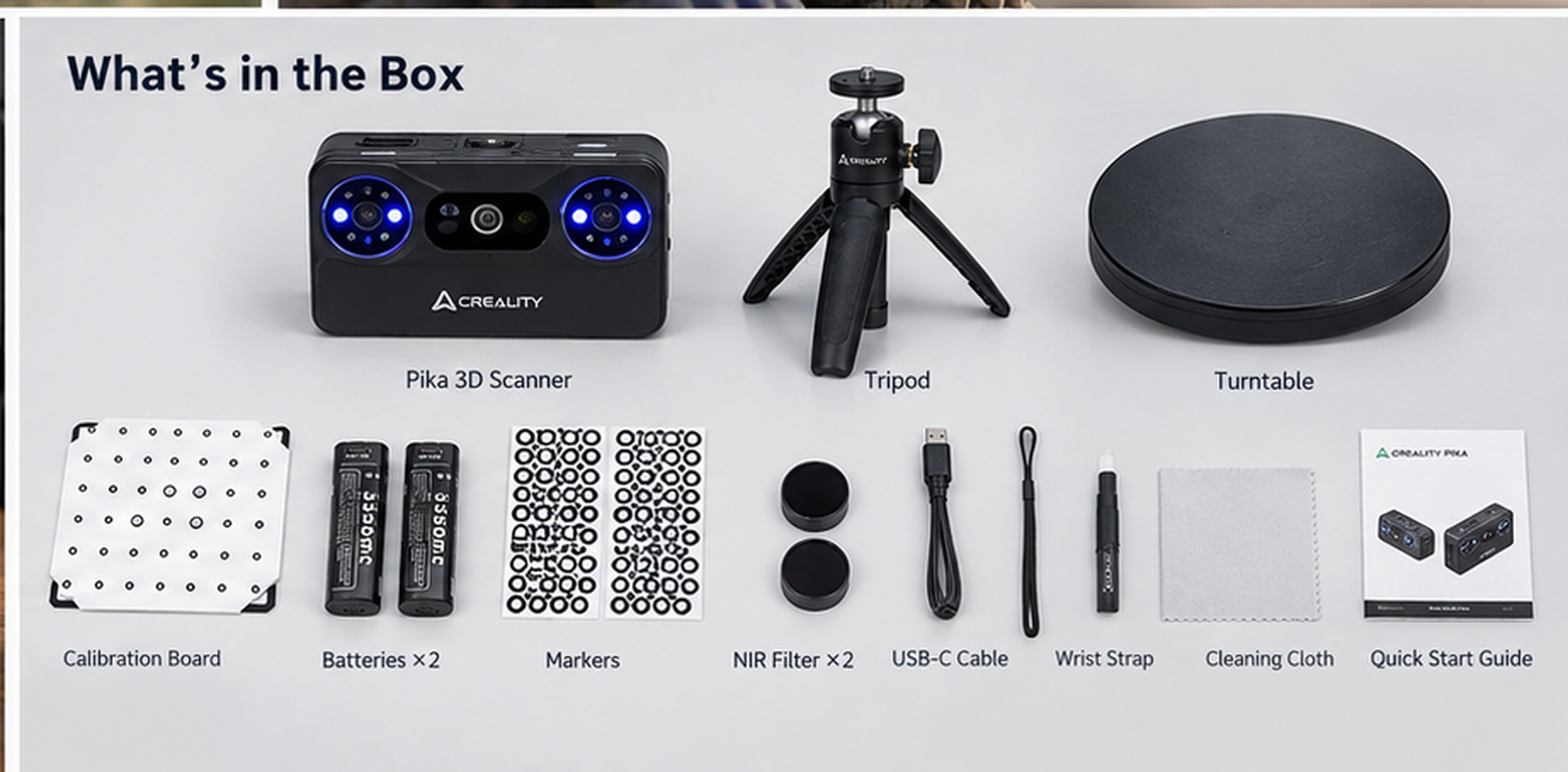 Creality Pika box contents: scanner, turntable, tripod, calibration board, batteries, markers and NIR filter