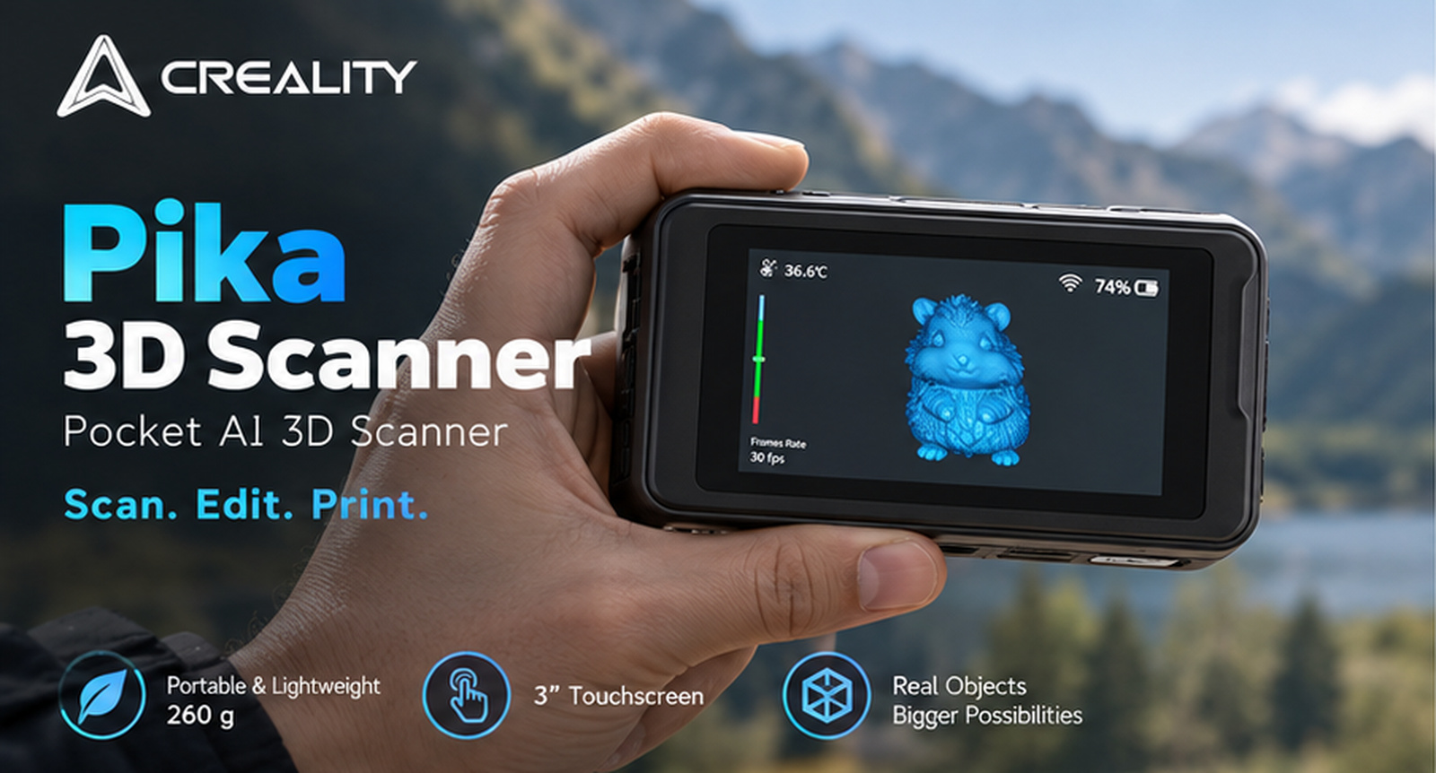 Creality Pika pocket AI 3D scanner held in one hand, 3-inch touchscreen showing a live scan preview