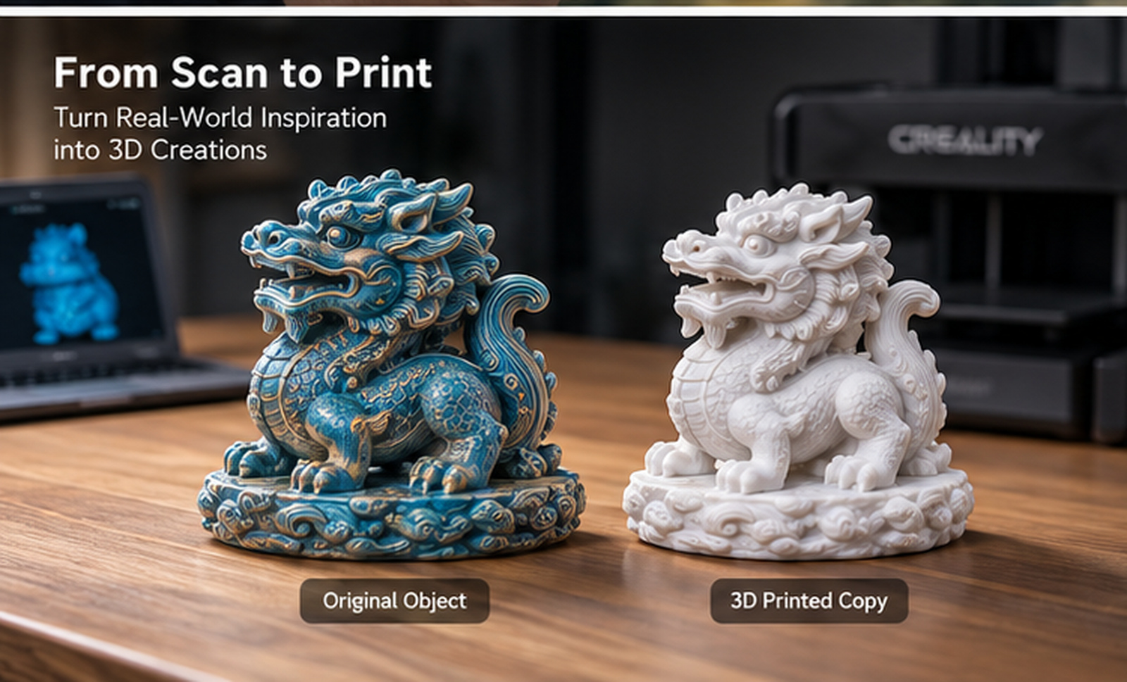 A scanned dragon figure next to its 3D-printed copy, made with the Creality Pika