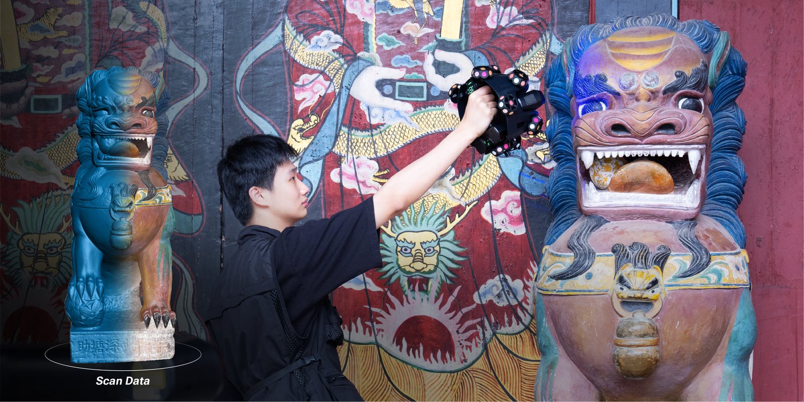 Painted heritage stone lion sculpture being captured in full color texture with the EinScan Trak