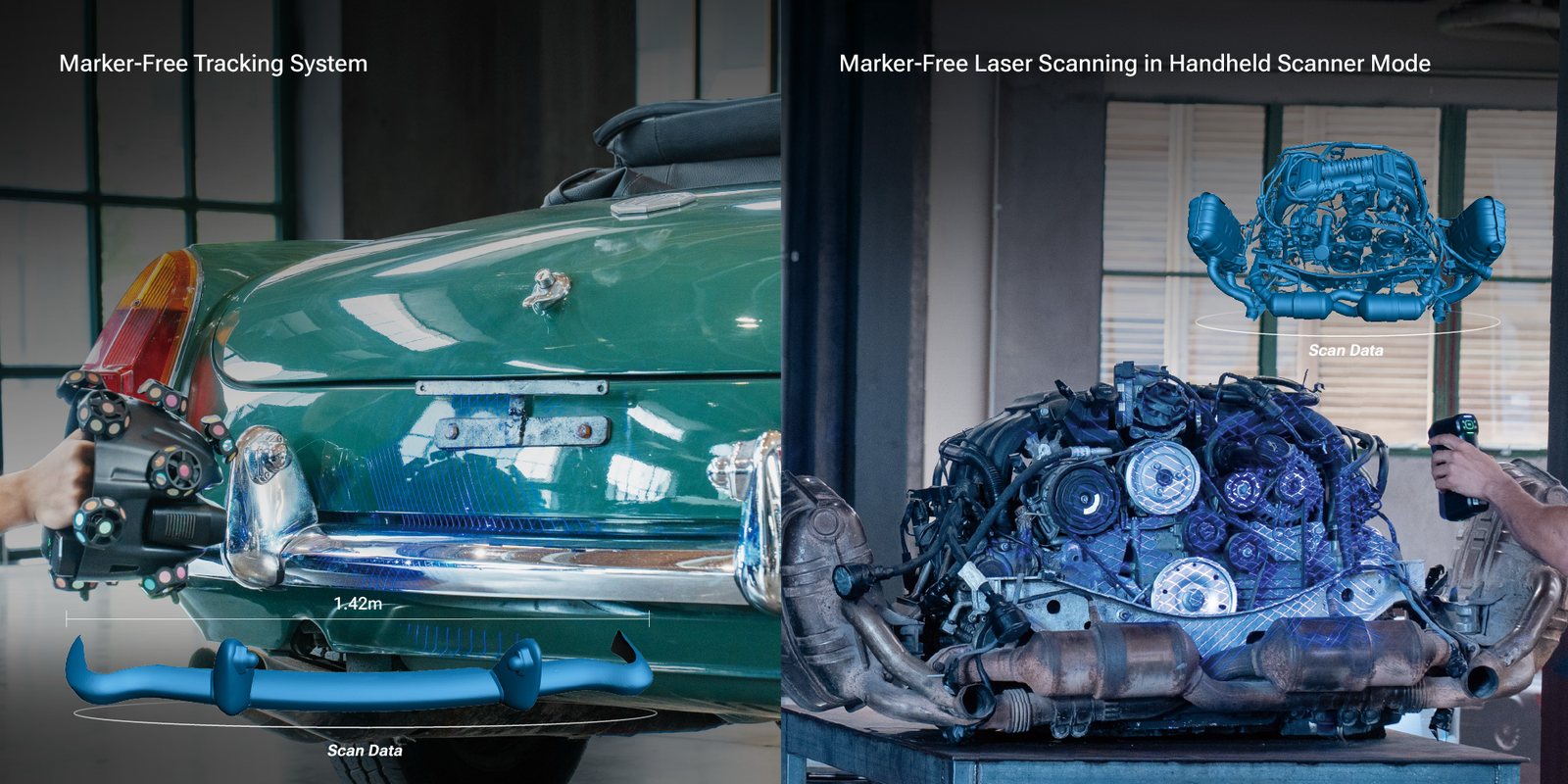EinScan Trak marker-free tracking system scanning a car bumper alongside marker-free laser scanning of an engine assembly