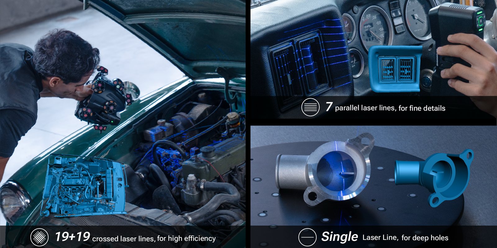 Crossed laser lines, seven parallel laser lines and single laser line scanning modes in use on an engine bay, a dashboard and a metal casting
