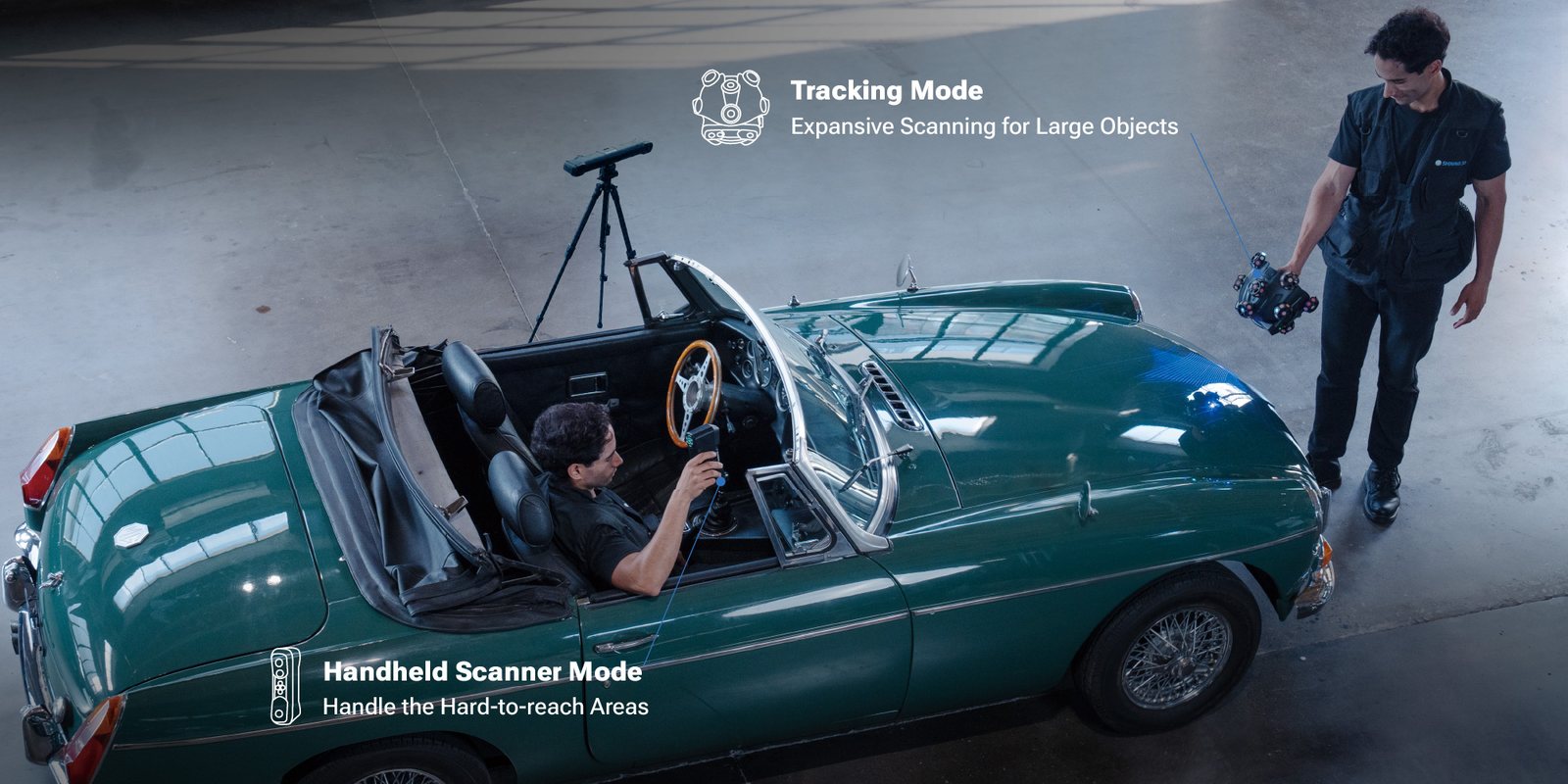 EinScan Trak in tracking mode scanning a classic car body while handheld scanner mode captures the cockpit interior