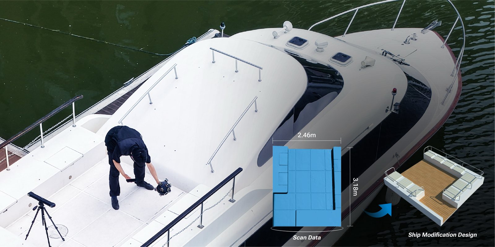 Technician scanning a yacht deck with the EinScan Trak to produce scan data for a ship modification design