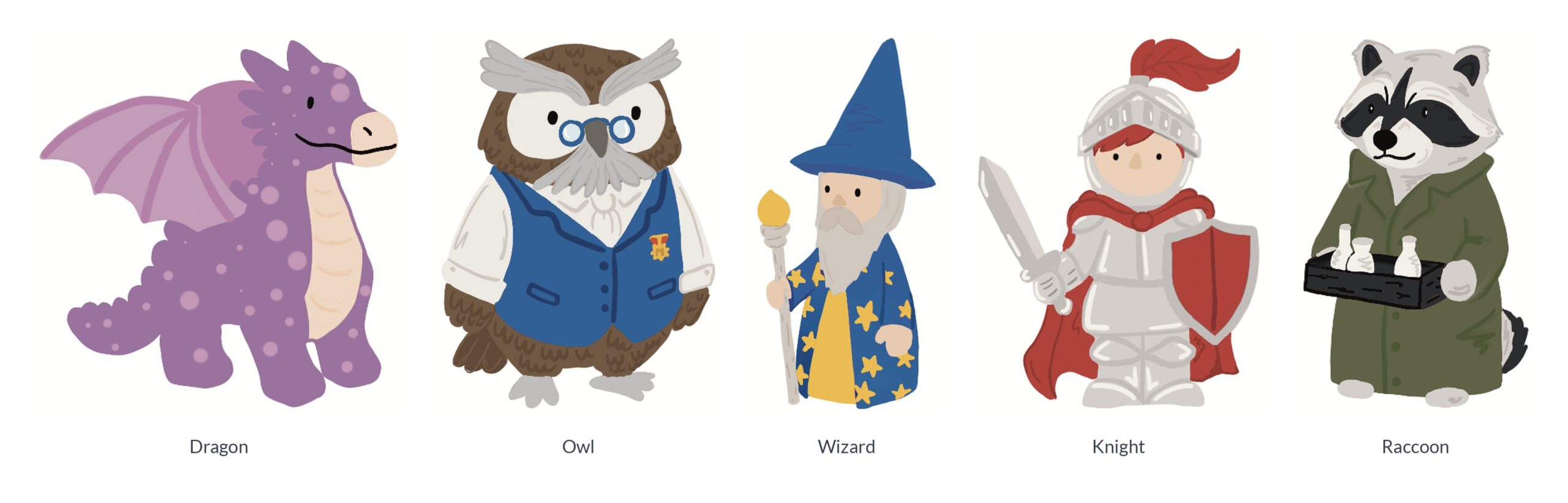 The five characters of Quests & Qualities as Sonja drew them: dragon, owl, wizard, knight and raccoon. Drawings by Sonja Uittenboogaard, swurls.nl.