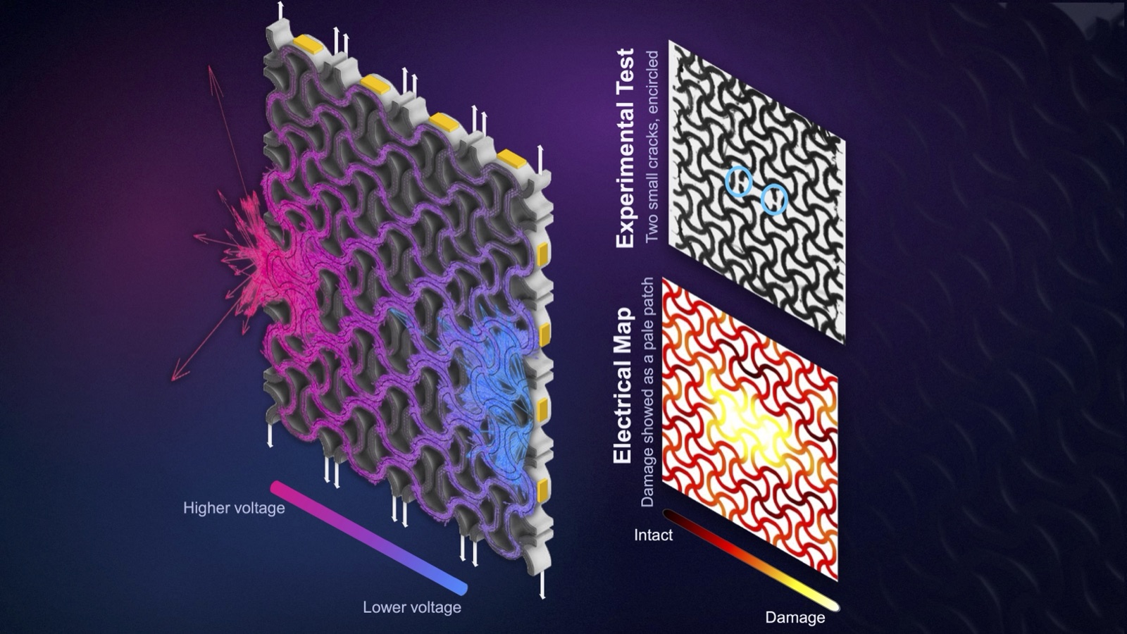 Schematic of a 3D-printed wavy lattice with electrodes and a colour map of damage