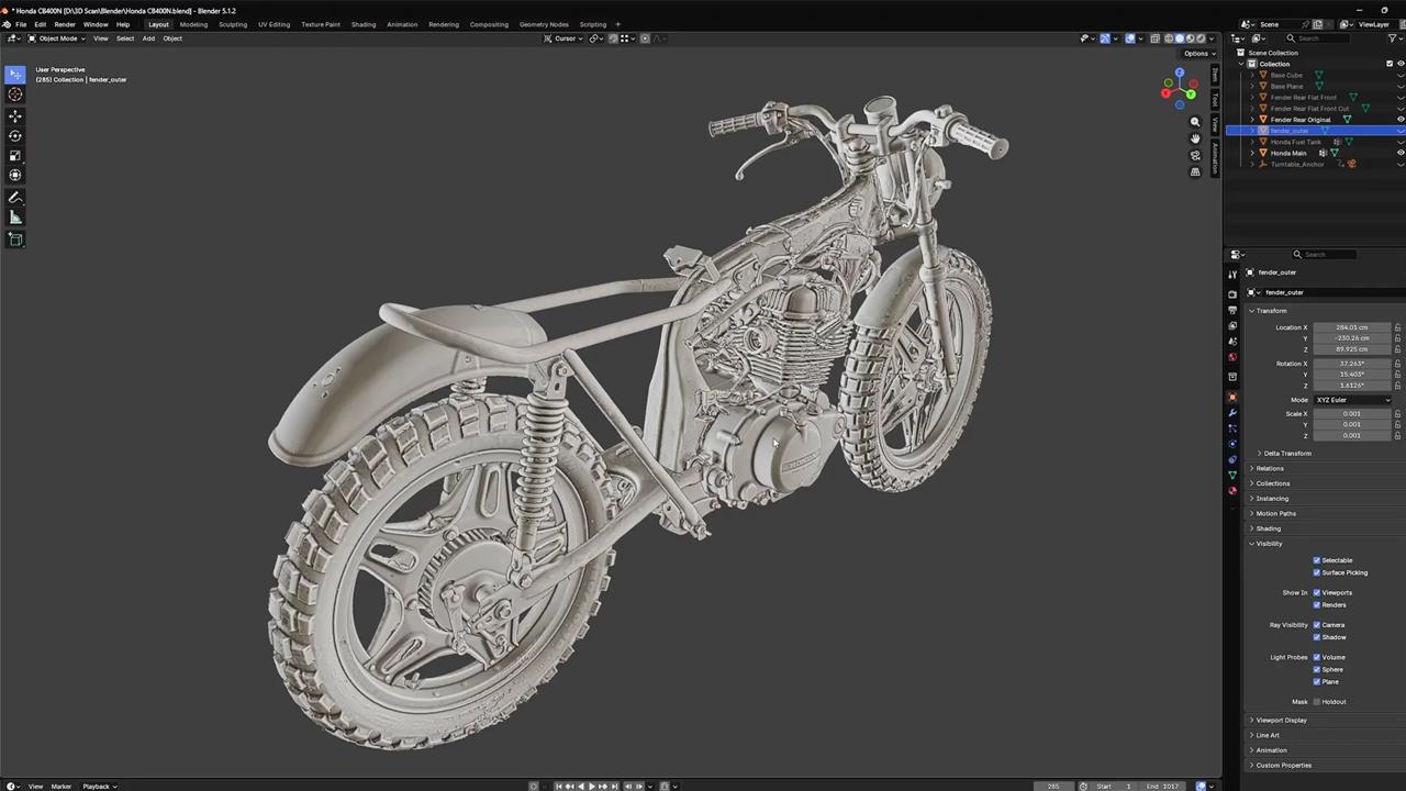 Complete 3D scan of the Honda CB400 opened in Blender for seat tray design