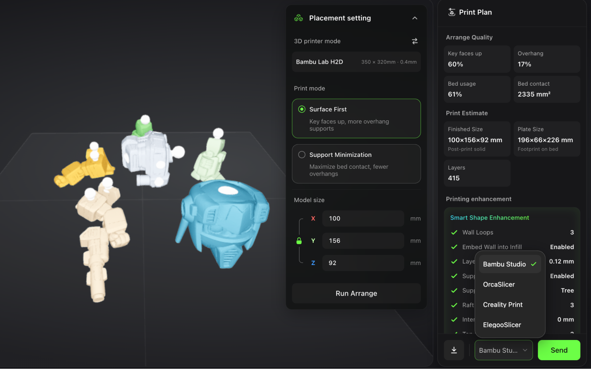 Hi3D Creative Space showing an AI-generated chibi mecha automatically split into head, torso, arm, and leg parts with selectable split templates