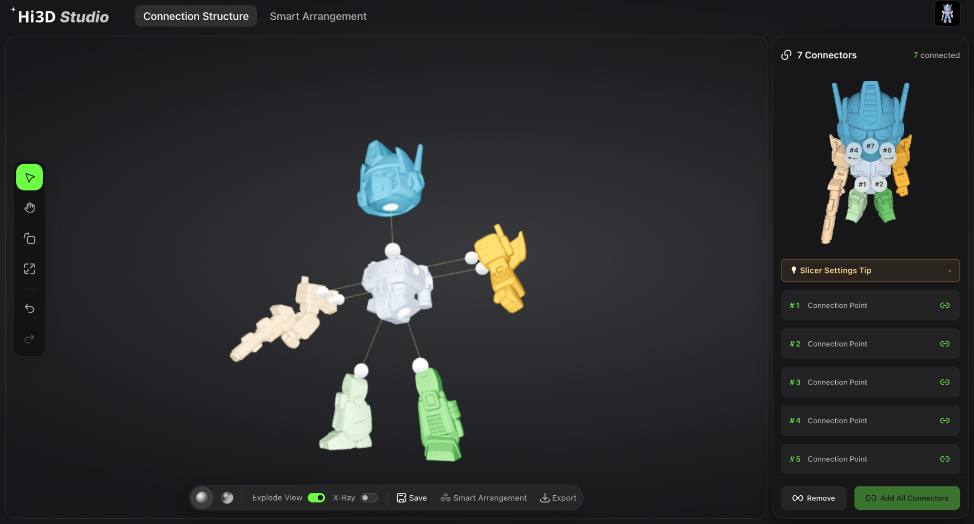 Hi3D print plan screen showing automatic part placement, surface-first orientation, a print-time estimate, and one-click export to Bambu Studio, OrcaSlicer, Creality Print, and Elegoo Slicer