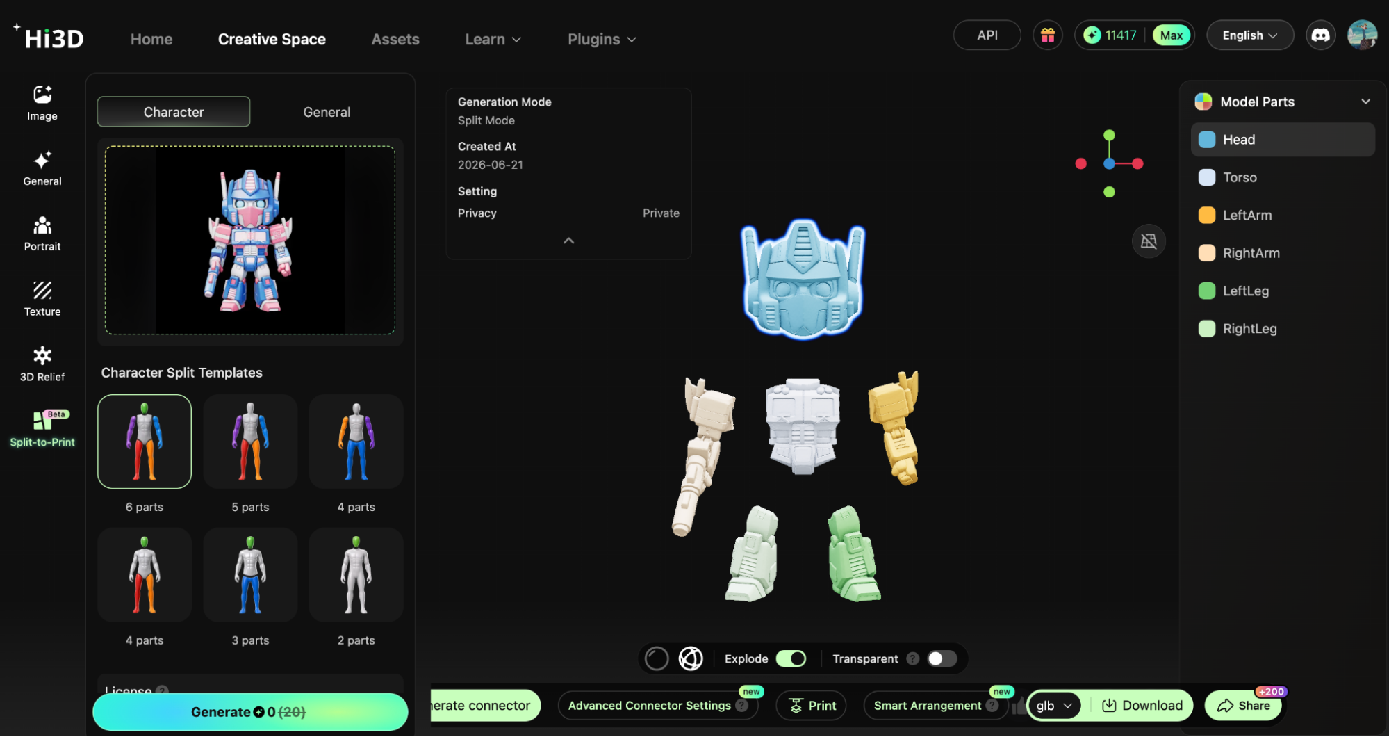 Hi3D Studio connection structure view showing seven auto-generated ball-joint connectors linking the mecha parts in an exploded layout