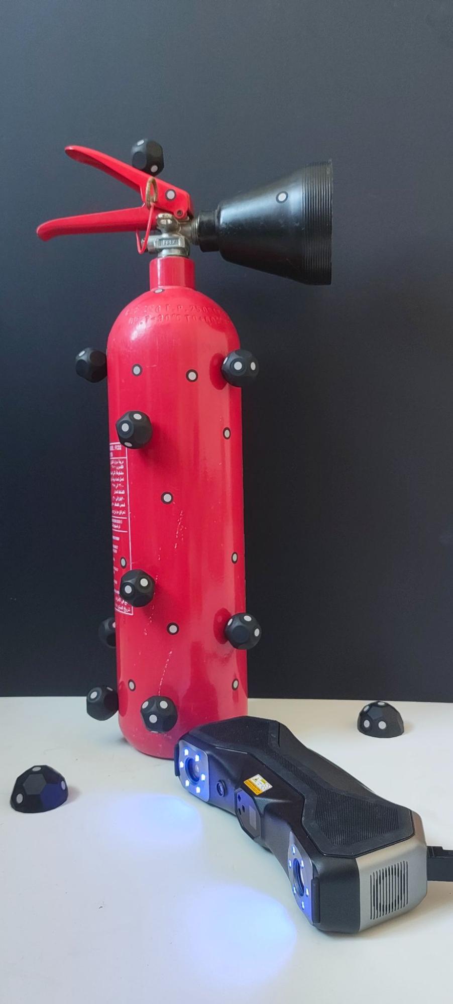 Fire extinguisher, prepped for laser line scanning.