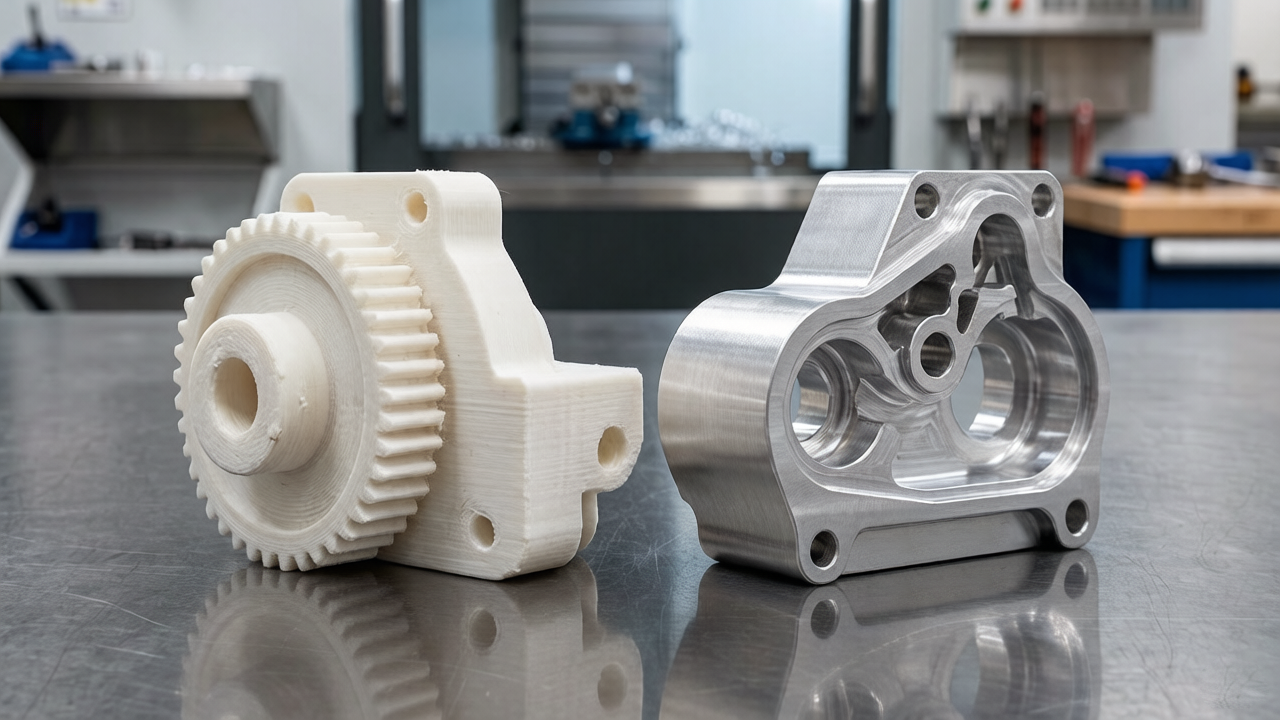 A 3D-printed plastic prototype gear housing next to the CNC-machined aluminum production version of the same part
