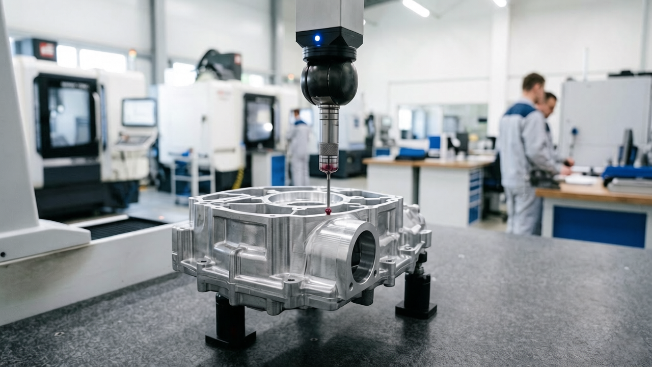A machined aluminum housing being measured on a coordinate measuring machine at LS Manufacturing's facility