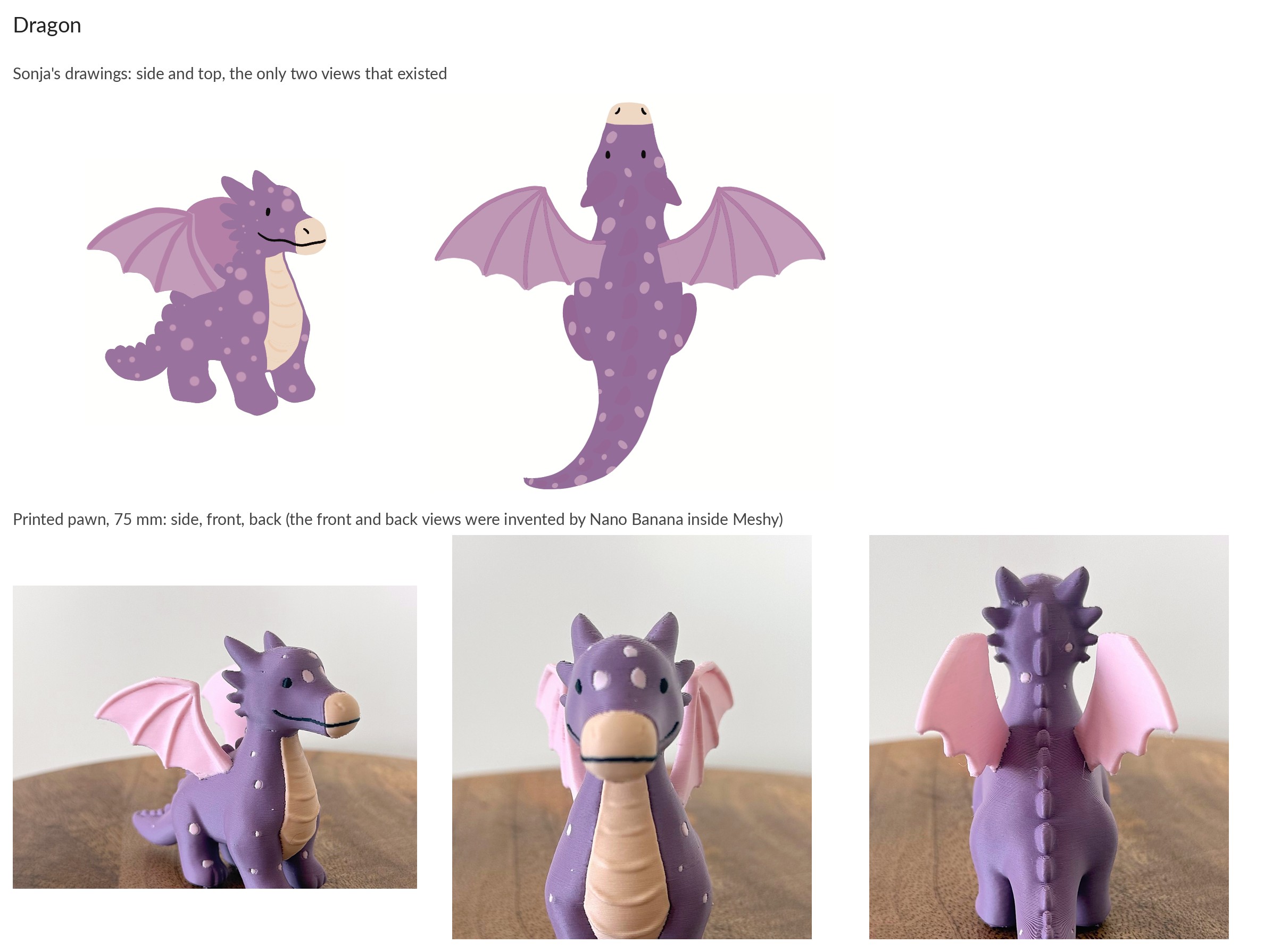 Sonja's two dragon views above the printed pawn. The front and back views did not exist on paper; Nano Banana drew them inside Meshy.