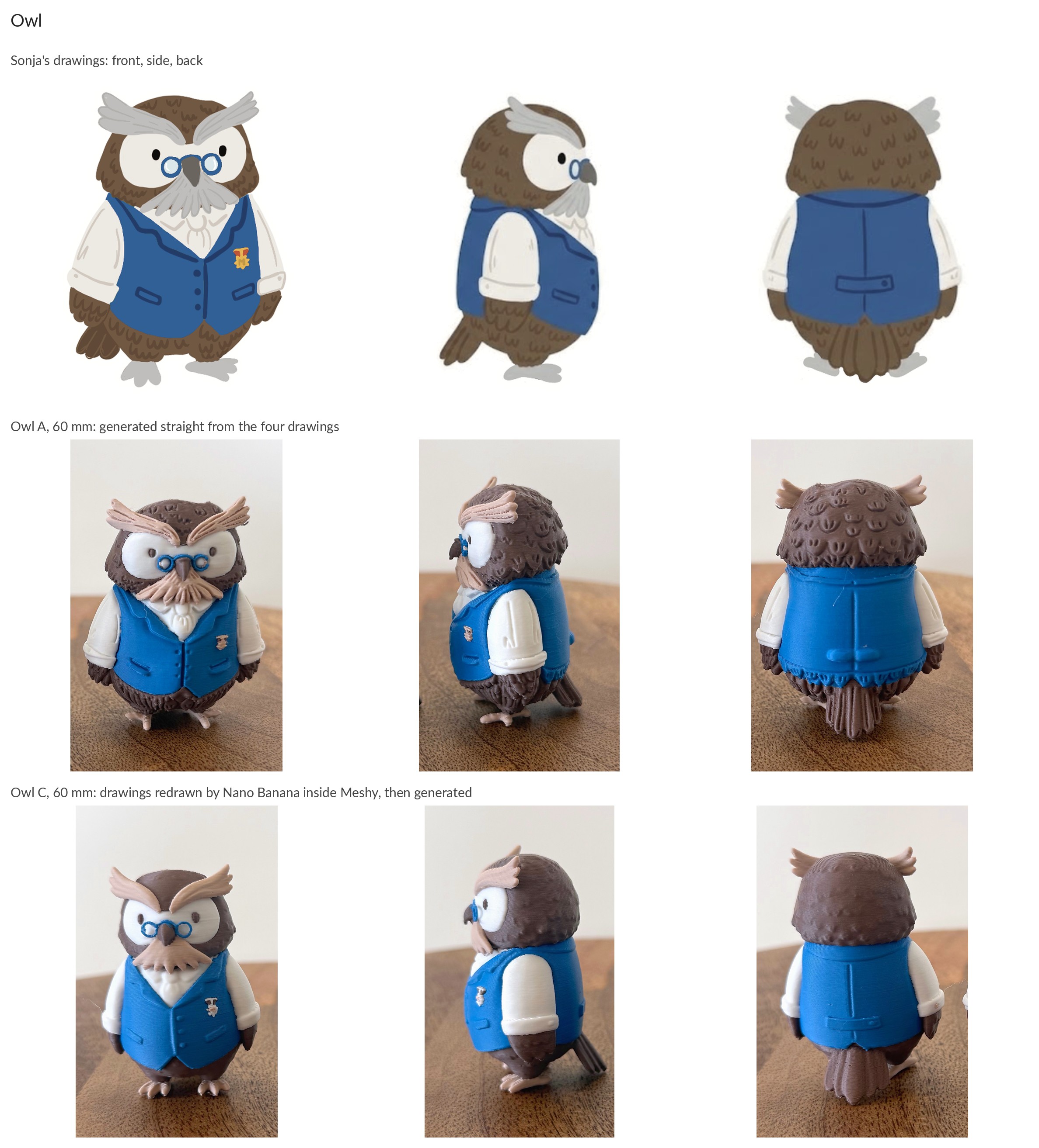 Sonja's owl drawings, owl A generated straight from them, and owl C generated from a Nano Banana redraw of them.