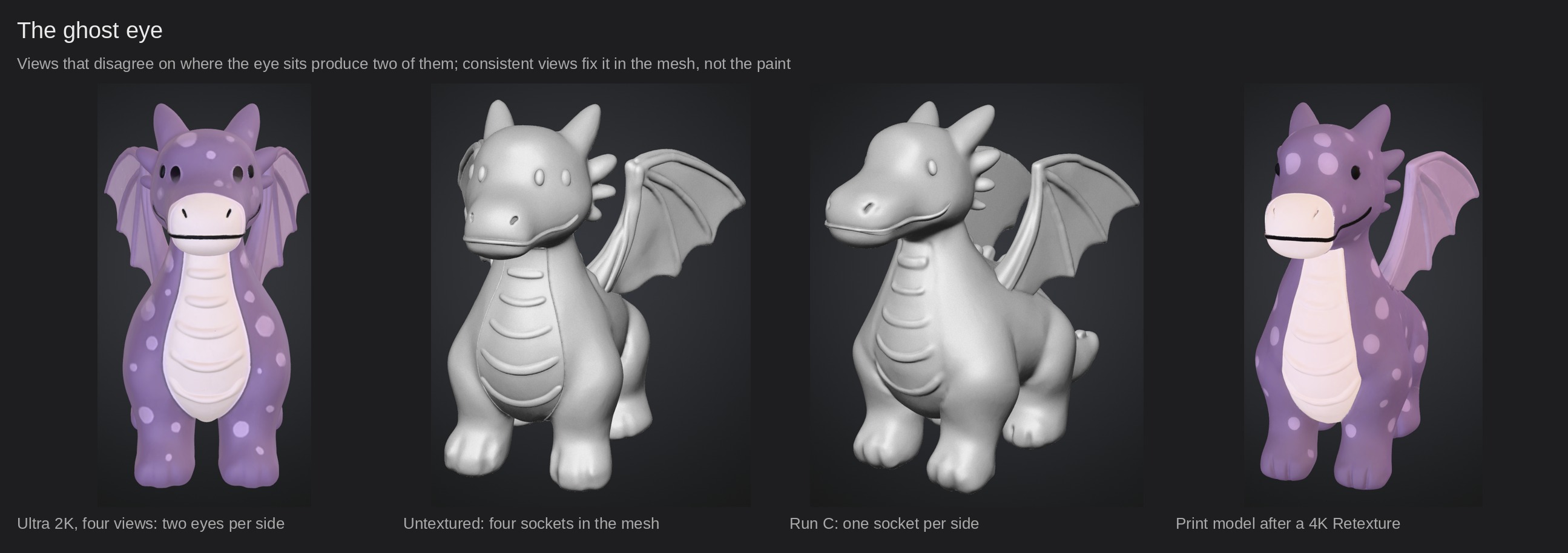 The ghost eye. Views that disagree on where the eye sits produce two of them; with consistent views the mesh has one socket per side and a Retexture cleans the paint.