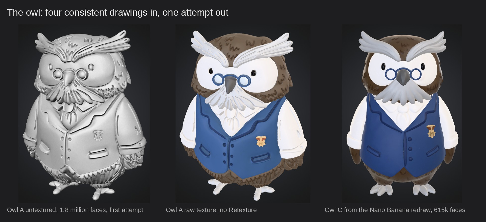 The owl on the first attempt: 1.8 million faces untextured, the raw texture, and variant C from the redraw.