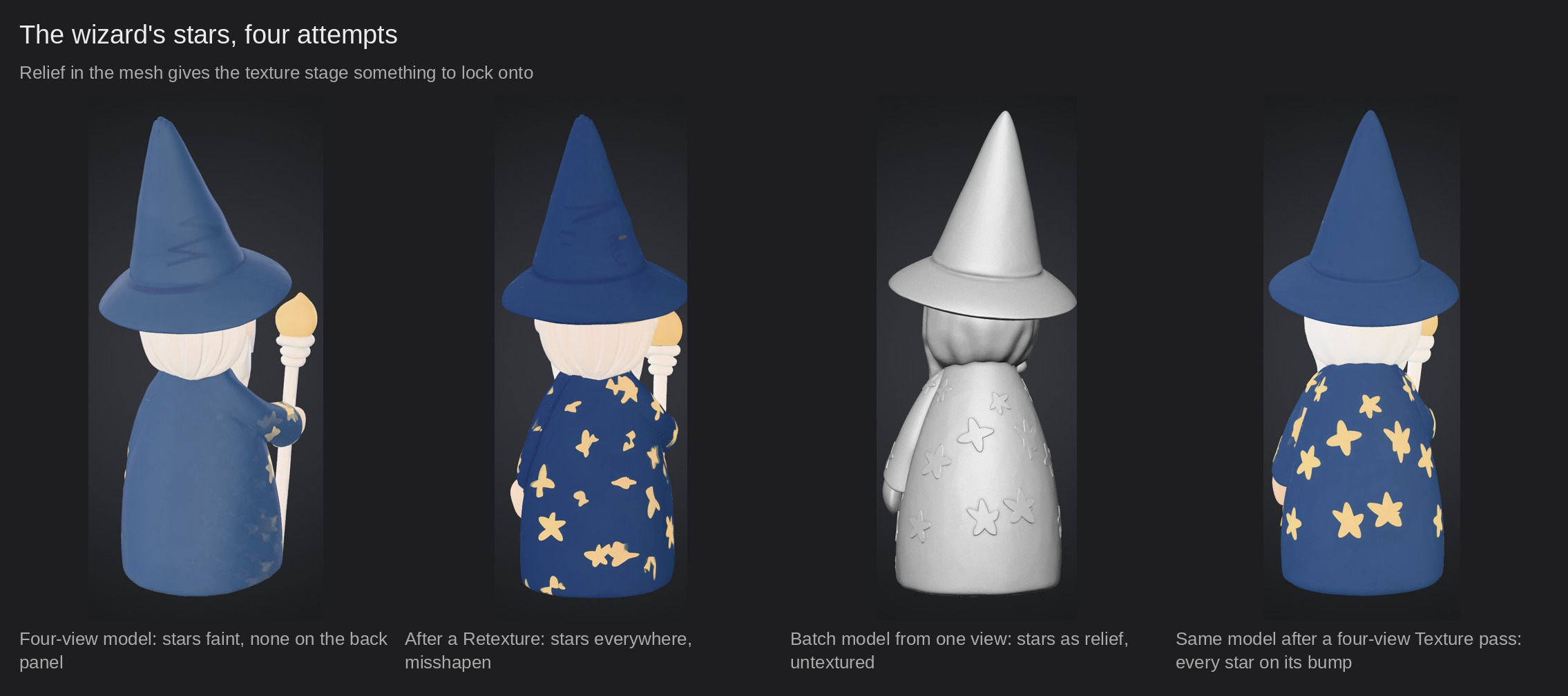 The wizard's stars, four attempts. Relief in the mesh gives the texture stage something to lock onto.