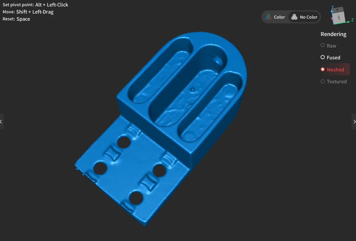 Meshed scan of a conveyor roller bracket, with the slot bottoms captured