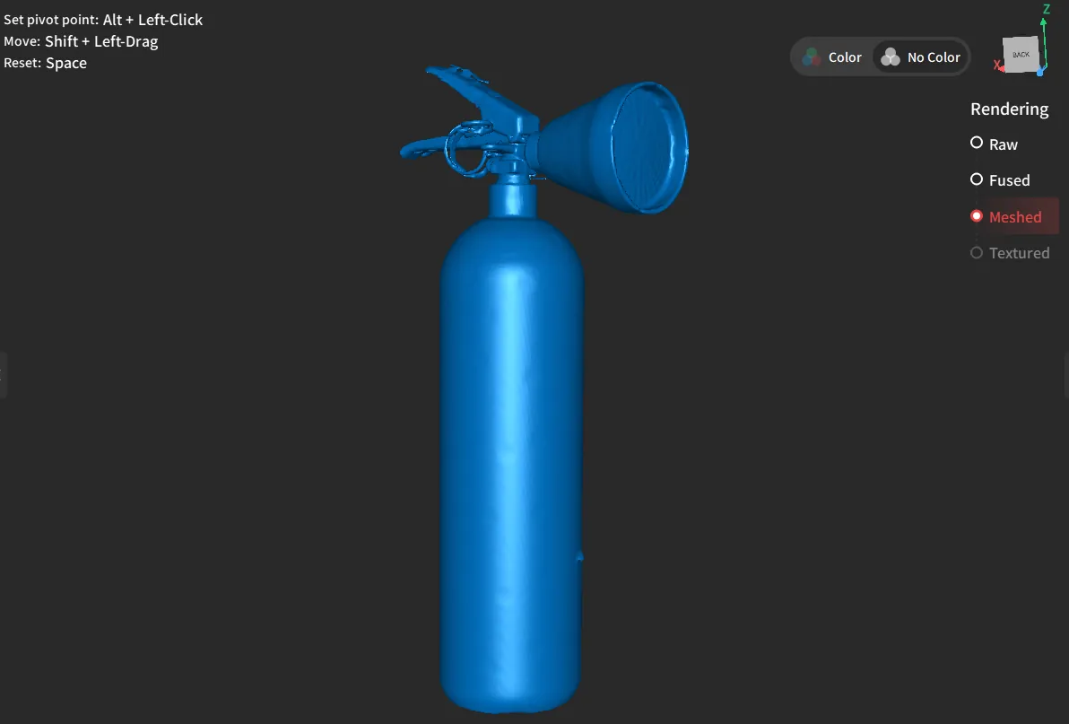 Meshed laser scan of a fire extinguisher, including the perforated nozzle