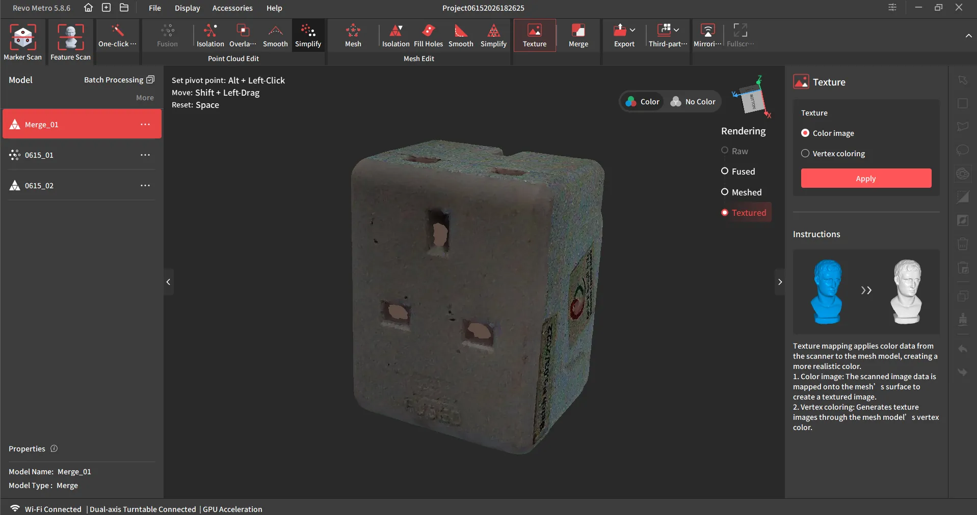 Color structured-light scan of a multi-input plug in Revo Metro